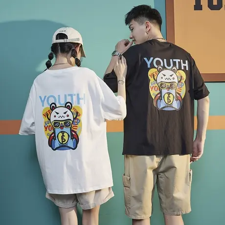 唐狮2022夏季新款短袖t恤女情侣装夏装背后卡通图案衣服纯棉半袖图片