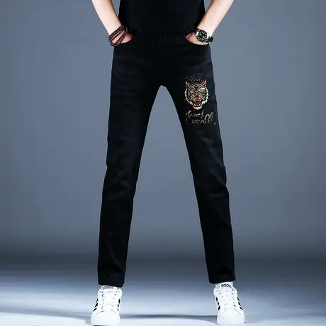 春秋黑色刺绣牛仔裤子男款小脚修身2024新款高端潮牌弹力潮流男士商品大图