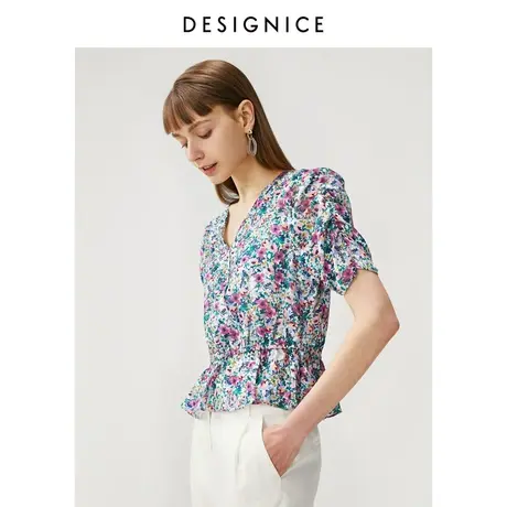 迪赛尼斯上衣女夏装新款通勤法式短袖泡泡袖碎花雪纺衫女图片