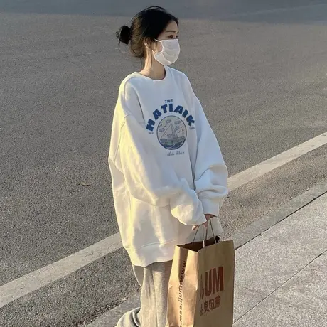 oversize设计感圆领卫衣女春秋薄款ins潮牌宽松学院风奶fufu上衣商品大图