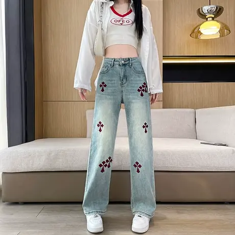 设计感刺绣直筒牛仔裤女春季新款民族风高腰宽松显瘦拖地阔腿裤子商品大图