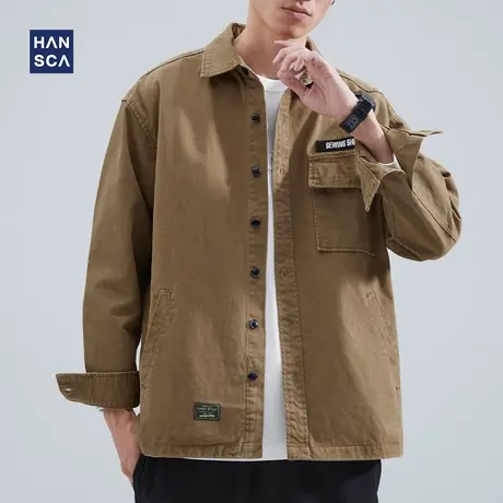 hansca长袖衬衫男士秋季新款纯棉宽松休闲复古潮流工装大口袋外套商品大图