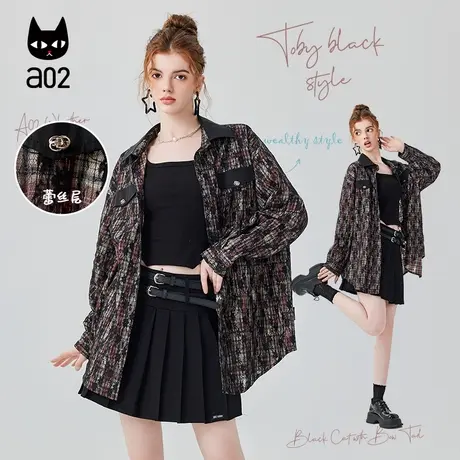 a02【恶女千金】格子衬衫夏季2024年新款女设计感宽松翻领长袖图片