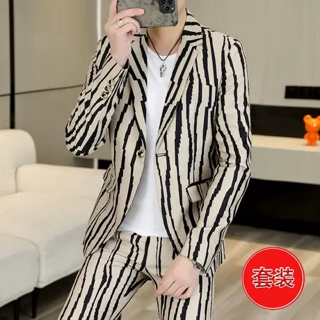 西服套装男士潮流韩版休闲礼服外套秋季帅气搭配条纹小西装三件套商品大图