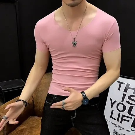 无痕短袖t恤男丅恤夏季肌肉男v领修身纯棉男士紧身潮流鸡心领半袖图片