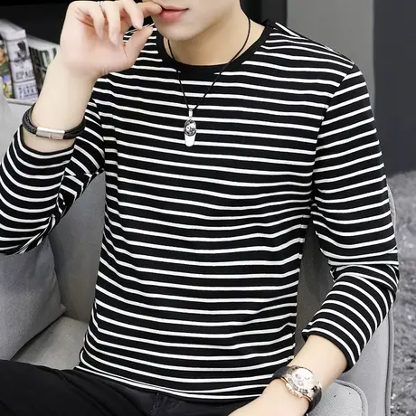 条纹t恤男士长袖秋季圆领修身打底衫潮上衣服小衫体恤黑白海魂衫商品大图