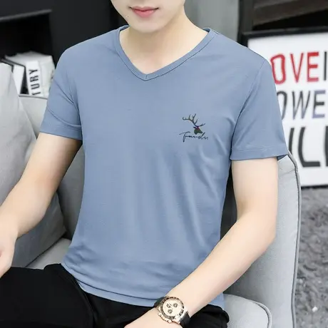 莫代尔短袖t恤男潮牌夏季薄款V领冰丝速干凉感半袖体恤上衣服潮流商品大图