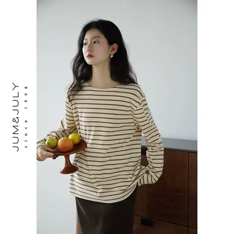 嘉茱莉2023秋季新款全棉圆领条纹长袖卫衣女套头宽松oversize上衣商品大图