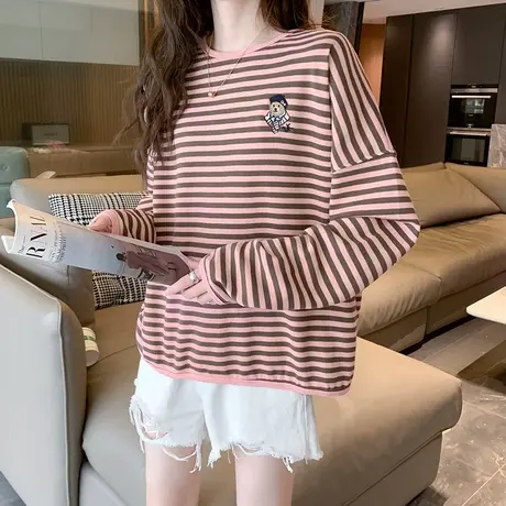 条纹圆领卫衣女小个子春秋薄款2023新款春季短款上衣宽松显瘦外套图片