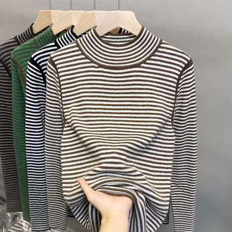 半高领毛衣女条纹打底衫2023秋冬新款套头内搭上衣外穿洋气针织衫商品大图