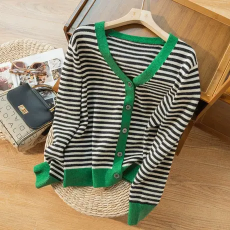 针织衫女开衫春秋文艺复古百搭宽松显瘦条纹外套上衣2022秋季新款商品大图