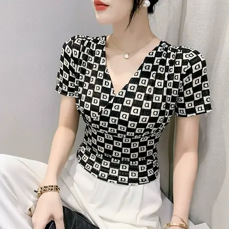 网纱短款T恤女短袖2023夏季新款性感V领紧身上衣时尚洋气印花小衫商品大图