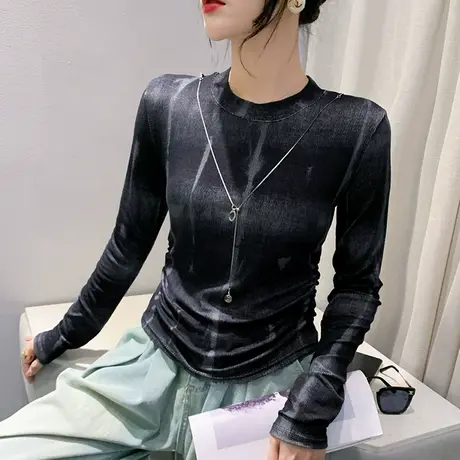 时尚扎染印花T恤女长袖欧货设计感弧形下摆上衣内搭圆领打底衫潮商品大图