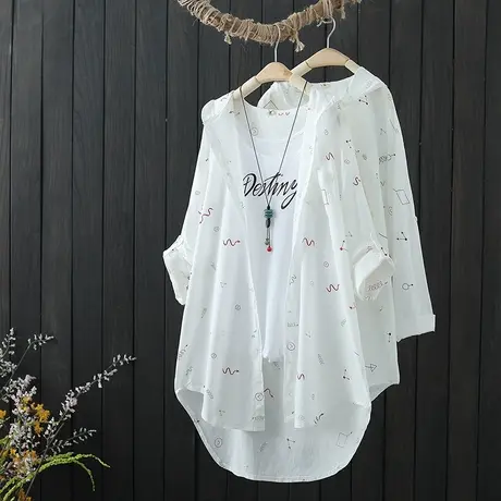 薄款长袖衬衫女韩范上衣夏季新品连帽防晒外套中长款开衫印花衬衣商品大图