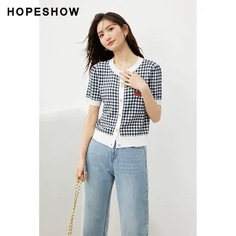 红袖outlets格纹针织开衫hopeshow2023夏季新款女亮丝珠片绣上衣商品大图