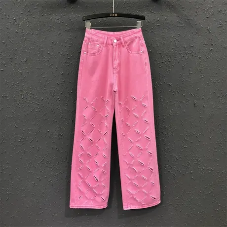 23夏季新款网红粉色少女个性破洞设计感高腰显瘦牛仔直筒裤长裤潮商品大图