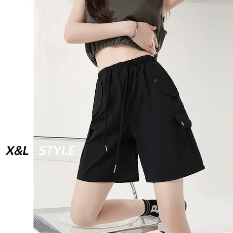 黑色工装短裤女春秋季款2023年新款高腰休闲阔腿美式五分运动裤子图片