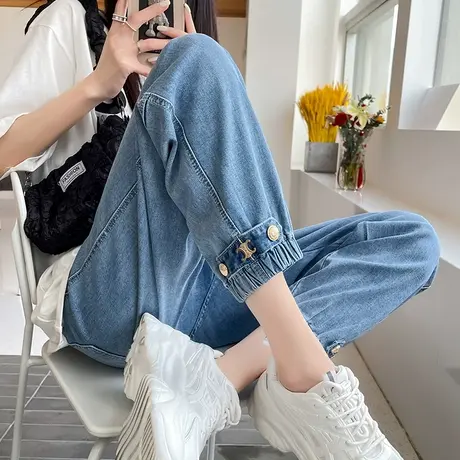 哈伦牛仔裤女浅色秋2023年新款高腰宽松显瘦百搭小个子九分束脚裤商品大图