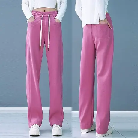粉色阔腿裤子女早秋新款高腰垂感直筒裤小个子百搭休闲抽绳香蕉裤商品大图