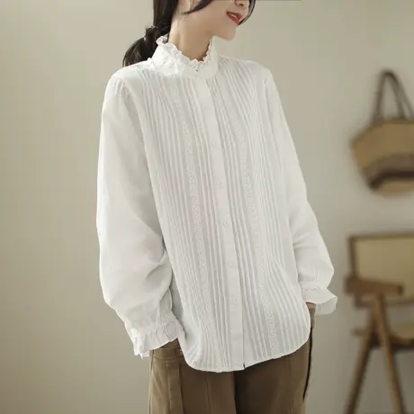 立领白衬衫女纯棉喇叭袖洋气木耳花边领复古文艺打底上衣衬衣寸衫商品大图