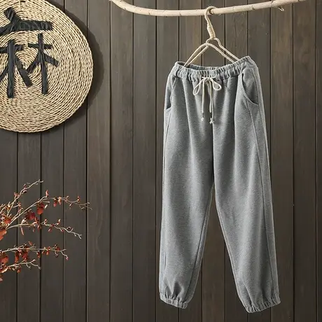 枫谜2021年秋装新款文艺简约全棉抽绳卫裤女休闲百搭束脚裤哈伦裤图片