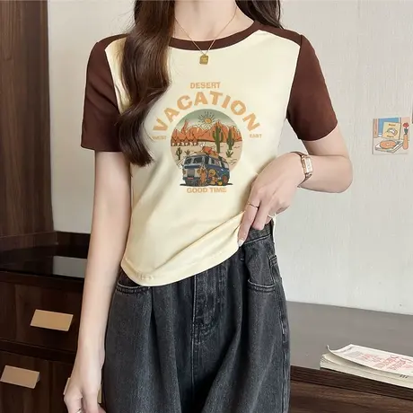 2023新款女士短款t恤上衣夏季修身小个子辣妹短袖洋气减龄打底衫图片