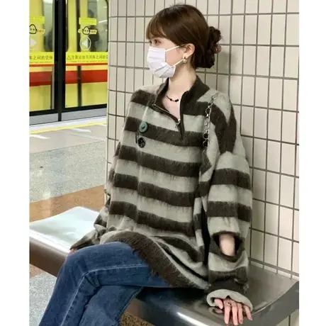 oversize条纹毛衣女秋冬宽松小个子高级感上衣日系复古慵懒风外套商品大图