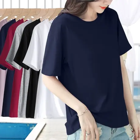 藏蓝色纯棉短袖t恤女夏季新款宽松落肩半袖圆领百搭净版显瘦上衣图片