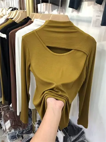 半高领镂空针织衫长袖t恤女新款2022爆款秋冬上衣修身加绒打底衫图片