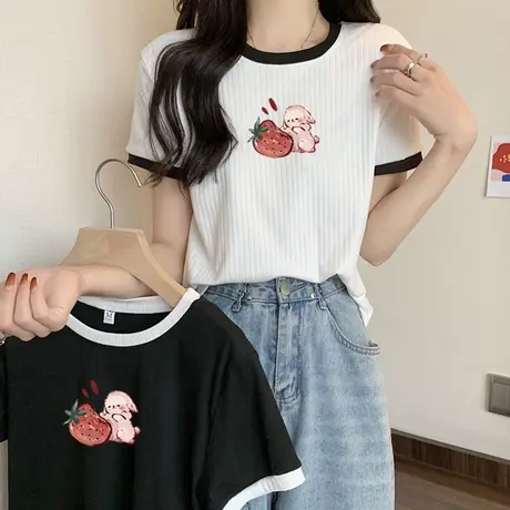 ins超火女士短袖T恤夏装百搭宽松显瘦2023新款韩版短款上衣潮ins商品大图