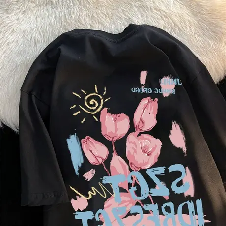 纯棉郁金香印花设计感短袖t恤女ins夏季宽松chic港味半袖上衣体恤商品大图