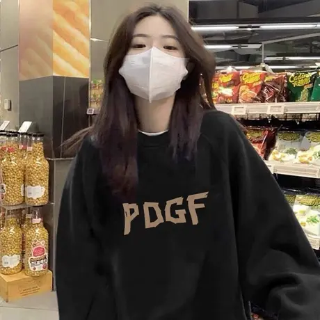 字母印花潮牌卫衣女复古美式小个子春秋季宽松慵懒风大码无帽上衣商品大图