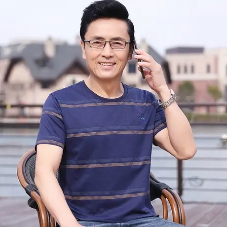 夏季中老年男士短袖t恤爸爸半袖丝光棉体恤汗衫圆领爷爷上衣服装商品大图