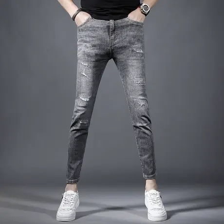 九分牛仔裤男2023夏季新款灰色破洞补丁修身小脚弹力百搭男士裤子商品大图