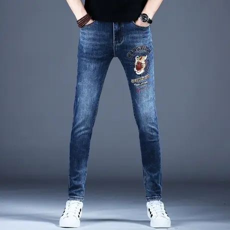 男士潮牌刺绣牛仔裤男款秋款修身小脚男裤2023新款裤子男休闲弹力商品大图