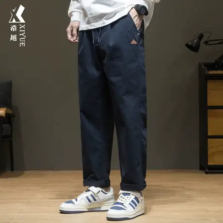 希越宝蓝色直筒休闲裤男秋季纯棉简约秋冬九分裤宽松大码胖子男裤商品大图