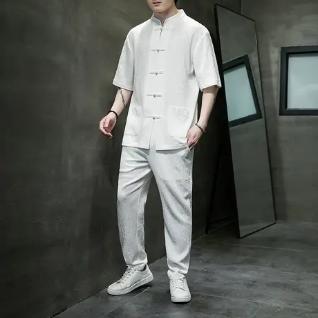 新中式男装搭配一套帅气中国风盘扣亚麻衬衫套装唐装男款冰丝衬衣商品大图