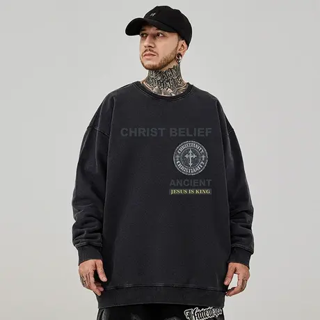 美式复古嘻哈大码卫衣男生纯棉重磅水洗做旧高街圆领加绒春秋冬款图片