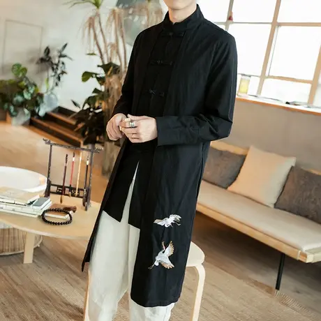 秋季盘扣中长款外套复古男装立领刺绣夹克中式唐装男青年汉服长衫商品大图