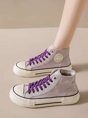 高帮帆布鞋女2023春夏季新款厚底松糕韩系鞋子百搭板鞋港风小白鞋商品大图