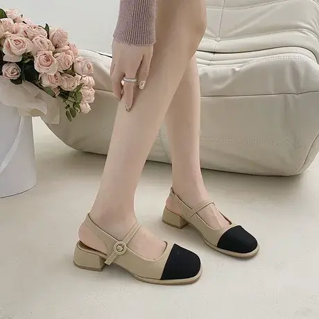 气质拼色法式包头凉鞋晚风粗跟单鞋银色凉拖女鞋2023夏新款晚晚鞋商品大图