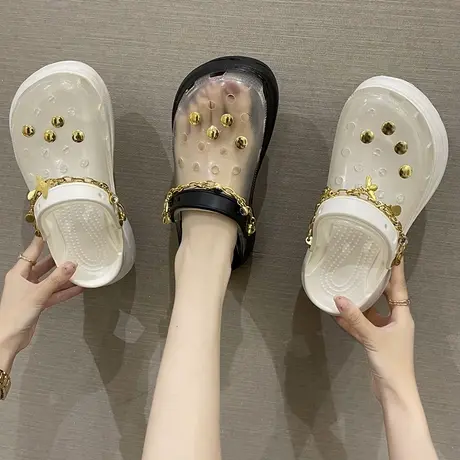 高跟洞洞鞋女夏季外穿ins潮时尚2023新款链条厚底防滑包头凉拖鞋商品大图