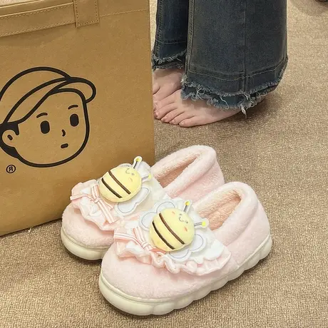 可爱蜜蜂棉拖鞋女冬季室内居家产后月子鞋毛绒保暖可外穿包跟棉鞋商品大图