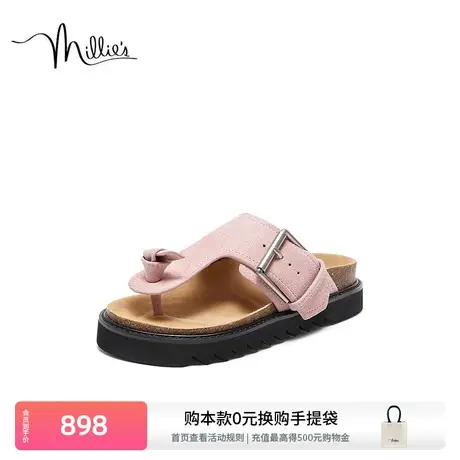 妙丽自由沙漠拖鞋2025夏新款时尚金属扣软木夹脚人字拖女A0783BT4图片