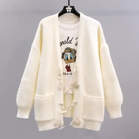 复古牛角扣毛衣外套女秋冬2023新款宽松慵懒风百搭中长款针织开衫商品大图