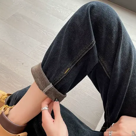 老爹牛仔裤女2023年春秋新款高腰直筒宽松显瘦复古九分薄绒哈伦裤图片