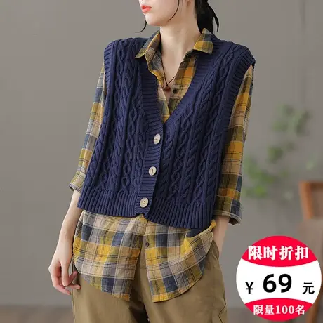 dza 复古针织马甲女士宽松V领背心秋季新款显瘦上衣休闲毛衣马夹图片