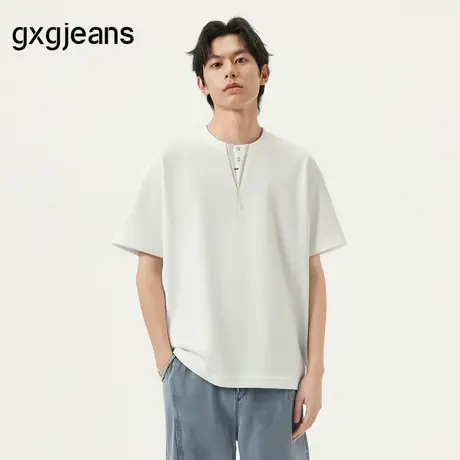 gxg.jeans男装 白色亨利领休闲潮流宽松圆领短袖T恤 25年夏新品图片
