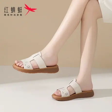 红蜻蜓平底一字拖女士拖鞋女夏外穿2025新款防滑真皮夏天防臭凉鞋图片