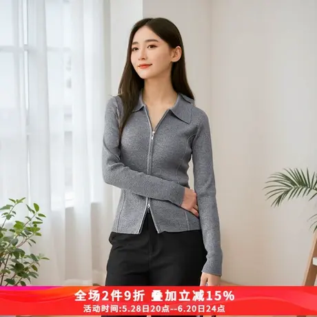 娅丽达设计感针织开衫女2025春季新款女装翻领显瘦毛衣外搭羊毛衫商品大图